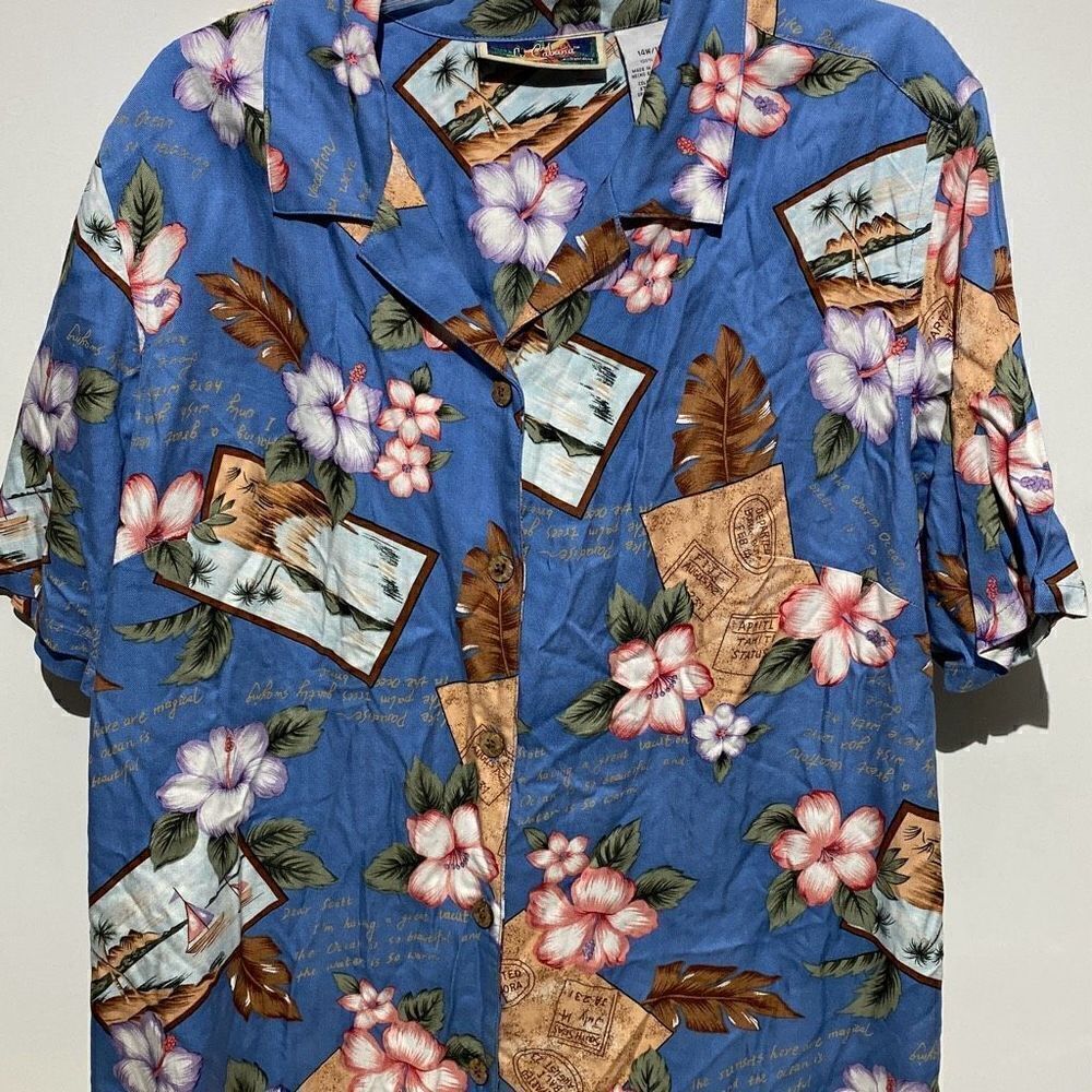La Cabana Women’s Blue Rayon Floral Hawaiian Button-Up Shirt Size 14W/16W